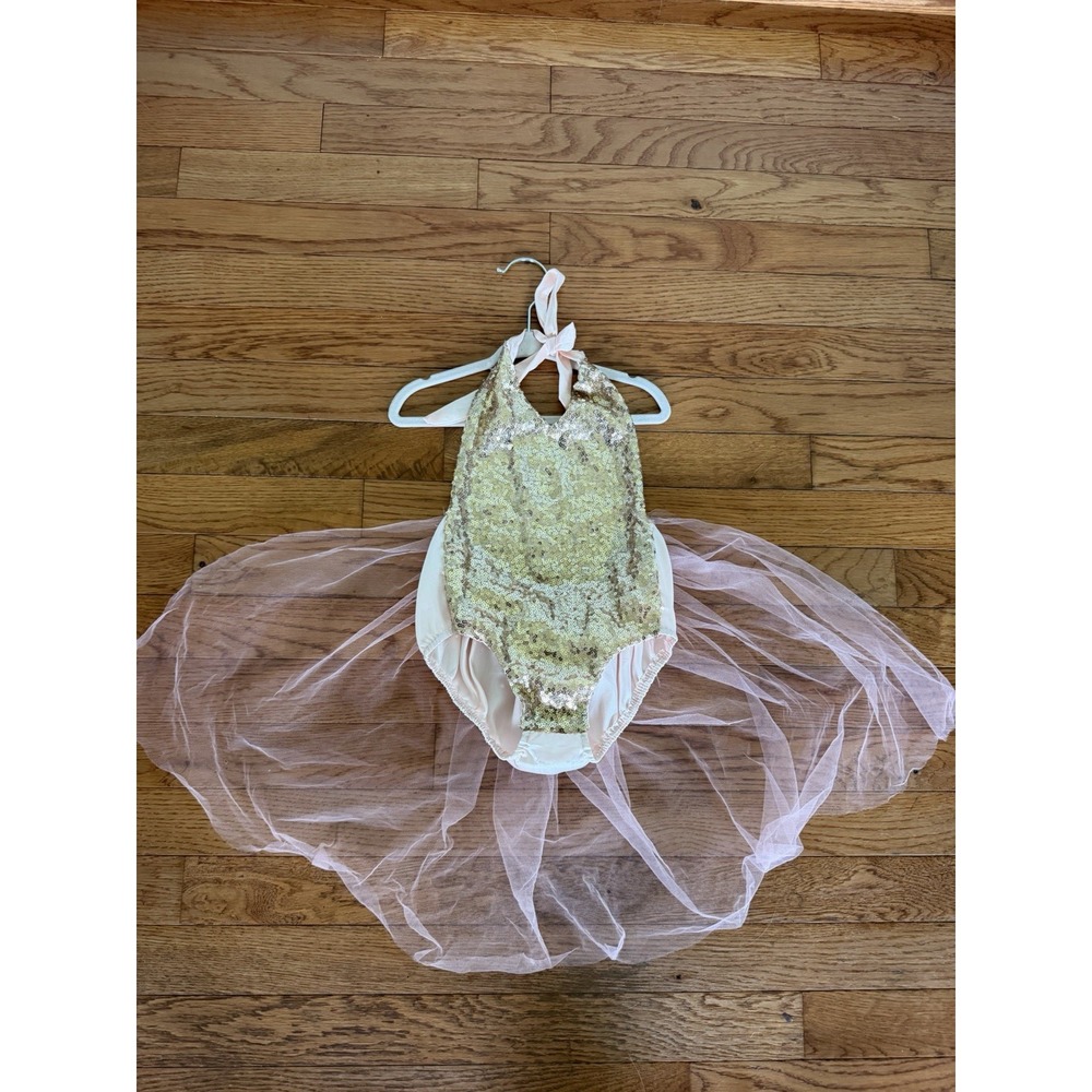 Milediiy Girls Pink & Gold Sequin Romper Dance Recital Dress Tulle Sz 4T